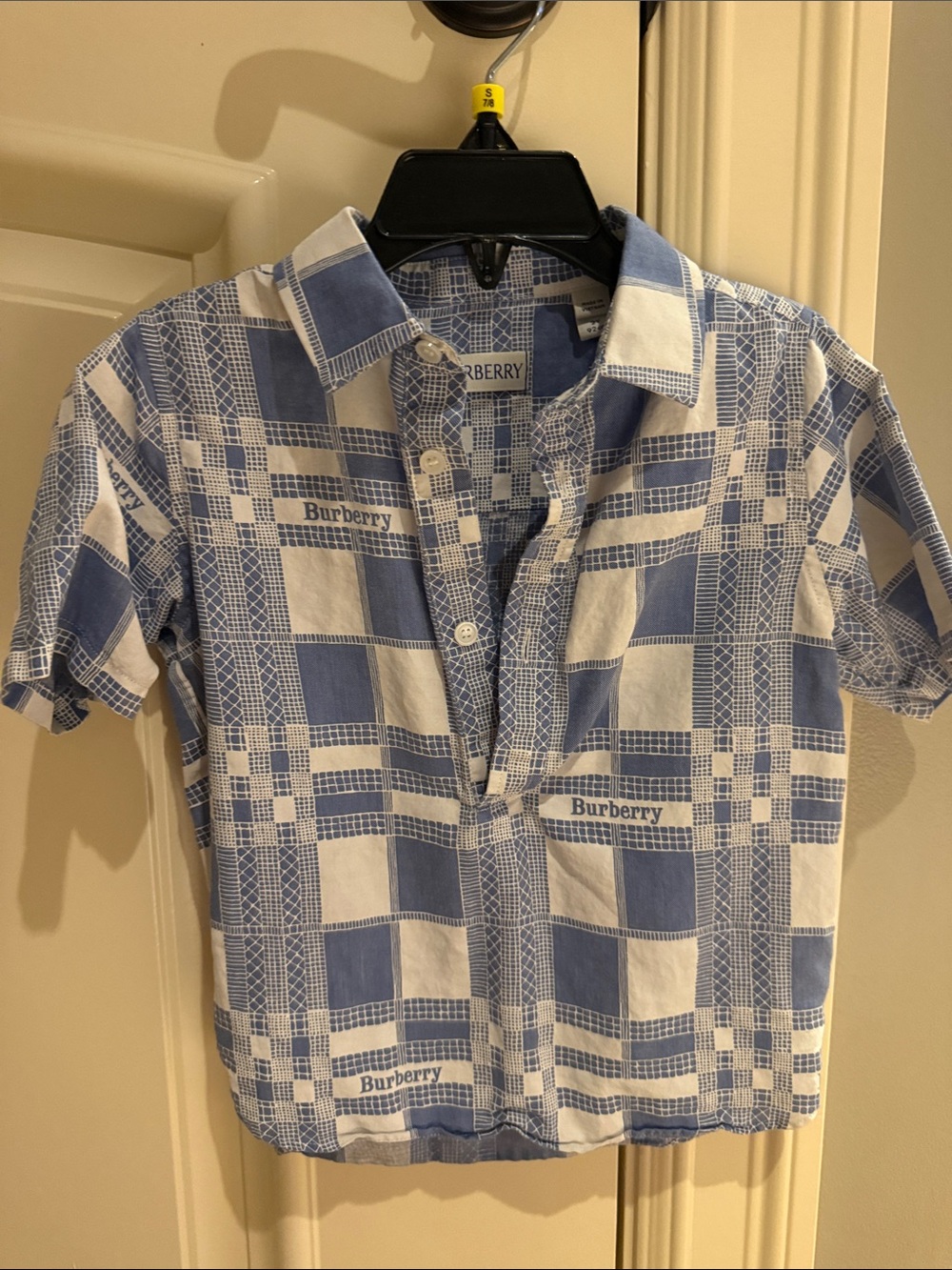 Burberry Blue and White Checked Short Sleeve Button-Down Shirt